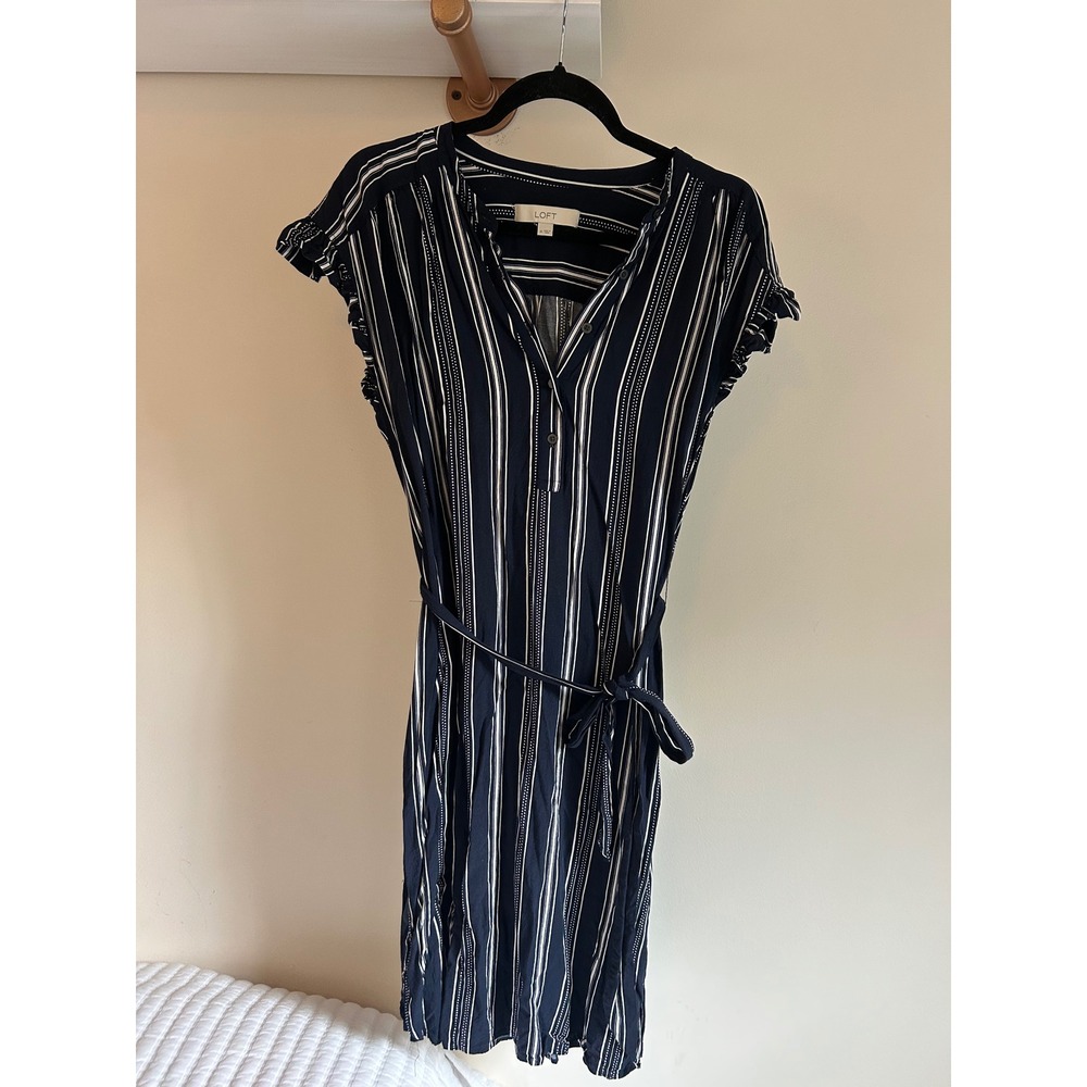 LOFT Women's Striped‎ Midi Dress with Ruffle Sleeves and Belt - Size M